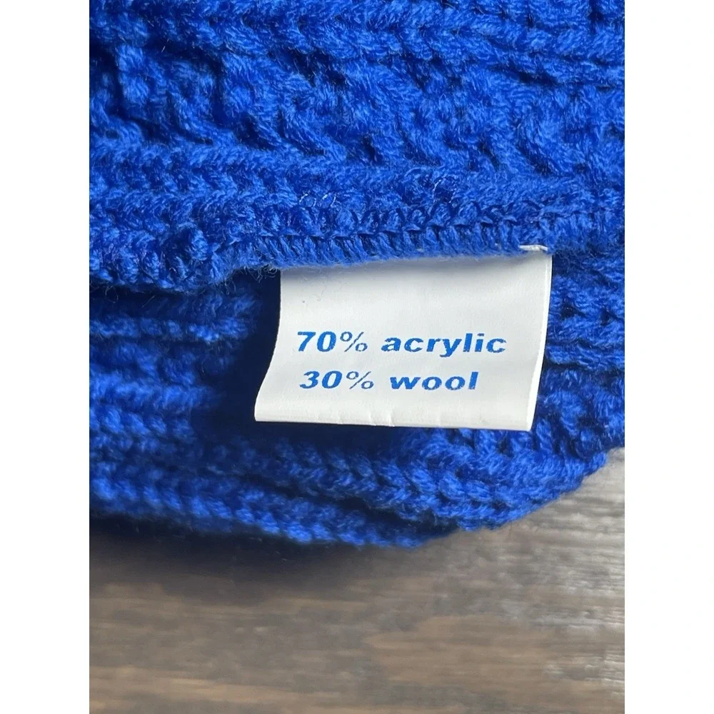 Zurich Beanie Bobble‎ Hat Blue Chunky Knit Made In Europe Wool Acrylic Blend